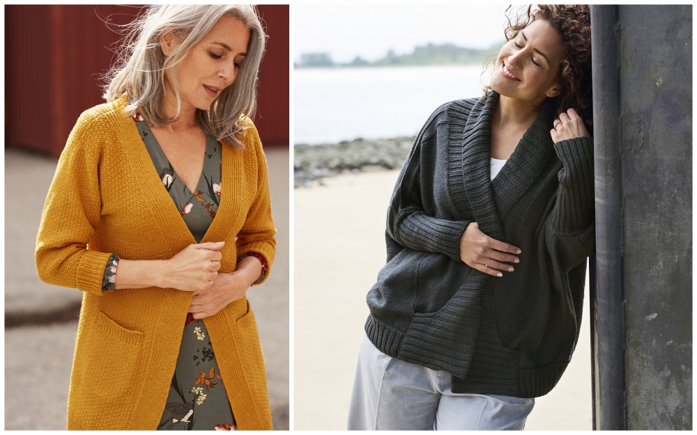 Collage with two pictures: A grey-haired woman wearing the long ochre-coloured cardigan Veselie. Next to it: A dark-haired woman in the generous Festa cardigan in dark grey
